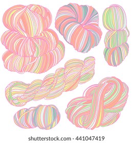 Vector hand drawn yarn balls and skeins. Sketch, doodle style. Isolated on white background. Items for knitting, crochet. Elements for your design. Different size and shape. 

