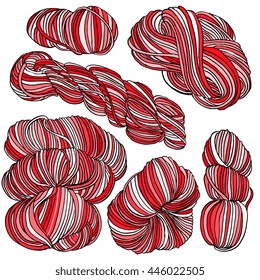 Vector hand drawn yarn balls and skeins. Sketch, doodle style. Isolated on white background. Items for knitting, crochet. Elements for your design. Different size and shape. 