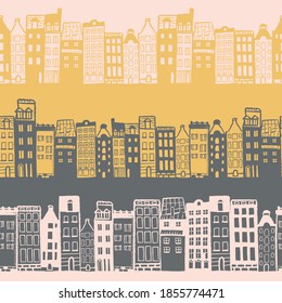 Vector hand drawn yellow dark grey white houses, streets, city seamless pattern print background. Surface pattern design. Great for fabric, wallpapers, packaging, cards.