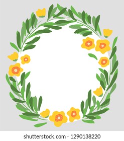 vector hand drawn yellow flowers and green leaves with circular border