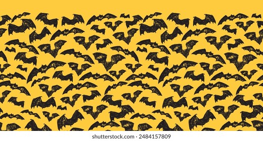 Vector hand drawn yellow halloween bats horizontal border pattern. Suitable for halloween party poster or invite.
