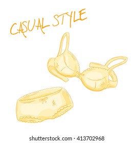vector hand drawn yellow lace bra and panties isolated on white backdrop.