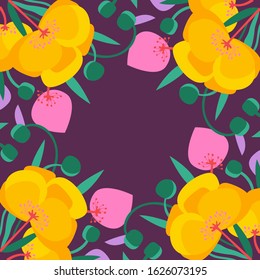 Vector hand drawn yellow poppies on a violet background. Summer illustration for banners, wallpapers, cards and wrapping. Floral background.