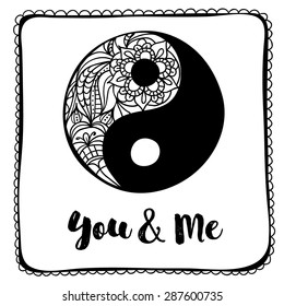Vector Hand Drawn Yin and Yang Symbol Decorated with Indian Ornaments.