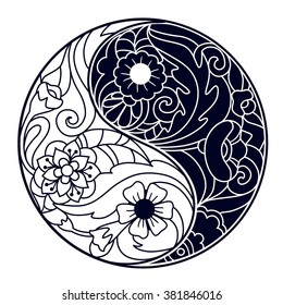 Vector Hand Drawn Yin and Yang Symbol Decorated with Indian Ornaments.