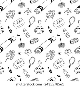 Vector hand drawn yoga items seamless pattern. Different kinds of yoga symbols pattern in doodle style
