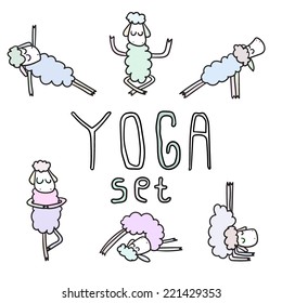 Vector hand drawn Yoga sheep standing in different poses 