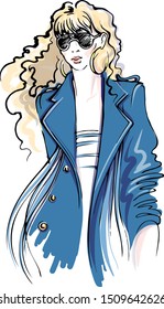Vector hand drawn young blondy woman wearing blue trnch coat. Fashion illustration. Model. Girl.  