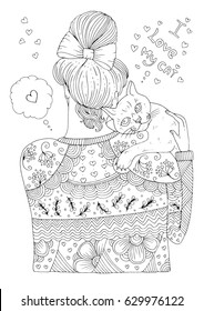 Vector hand drawn young girl in a patterned sweater stands with her back and hugs a cat. Pattern page for coloring book A4 size I love my cat. Isolated on white background