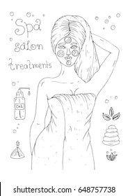 Vector hand drawn young spa girl applying a cucumber mask on her face wearing a towel. The girl watches her health and beauty, takes a wellness spa procedure. A set of spa accessories. Coloring page