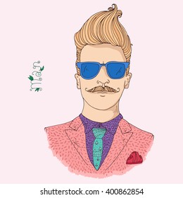Vector hand drawn young trendy attractive man. Hipster guy, blond hair, pink jacket, green tie, purple shirt, blue sunglasses, red kerchief. Caption man. On a light pink background