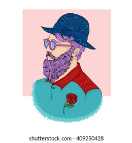 Vector hand drawn young trendy attractive man. Hipster guy in a blue hat with leopard print, purple hair beard, mustache, crimson sunglasses, stylish turquoise shirt with print diamond and red flower.