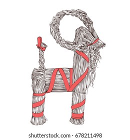 Vector hand drawn Yule Goat or Christmas goat, Scandinavian and Northern European traditional christmas decoration, Isolated on white background detailed sketch with red ribbon