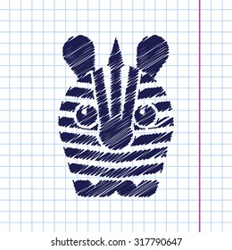 Vector hand drawn zebra icon on copybook 