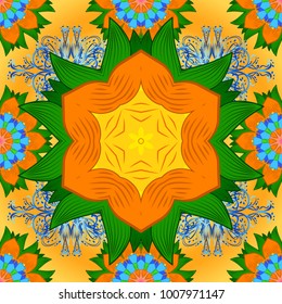 Vector Hand drawn zentangle floral yellow, orange and green colors. Seamless pattern with abstract ornament.