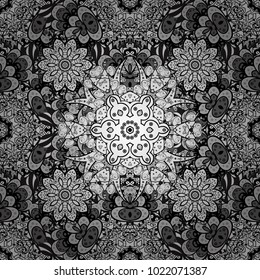 Vector Hand drawn zentangle floral black, white and gray colors. Seamless pattern ethnic mandalas, doodle background circles. Black, white and gray pattern.