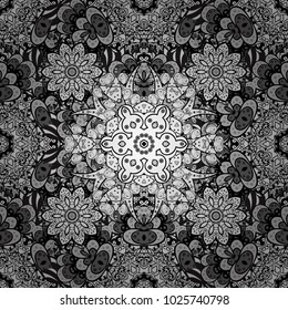 Vector Hand drawn zentangle floral black, white and gray colors. Seamless pattern ethnic mandalas, doodle background circles. Black, white and gray pattern.