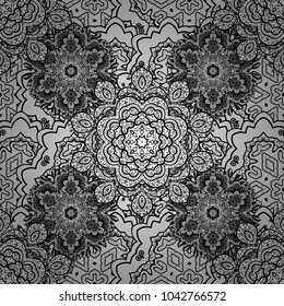 Vector Hand drawn zentangle floral white, black and gray colors. Seamless pattern ethnic mandalas, doodle background circles. White, black and gray pattern.