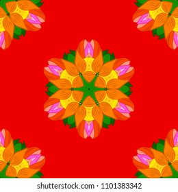 Vector Hand drawn zentangle floral red, orange and green colors. Seamless pattern ethnic mandalas, doodle background circles. Red, orange and green pattern.