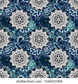Vector Hand drawn zentangle floral blue, white and black colors. Seamless pattern with abstract ornament.