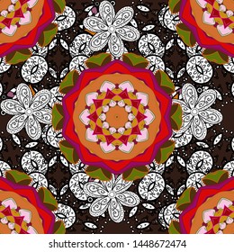 Vector Hand drawn zentangle floral brown, white and black colors. Seamless pattern ethnic mandalas, doodle background circles. Brown, white and black pattern.