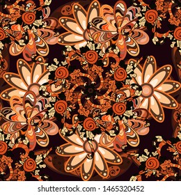 Vector Hand drawn zentangle floral orange, black and brown colors. Orange, black and brown pattern. Seamless pattern ethnic mandalas, doodle background circles.