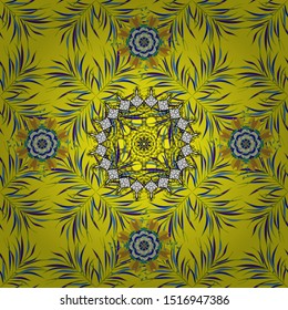 Vector Hand drawn zentangle floral yellow, blue and violet colors. Seamless pattern with abstract ornament.