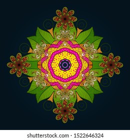Vector Hand drawn zentangle floral green, yellow and blue colors. Seamless pattern with abstract ornament.