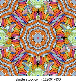 Vector Hand drawn zentangle floral neutral, blue and orange colors. Neutral, blue and orange pattern. Seamless pattern ethnic mandalas, doodle background circles.