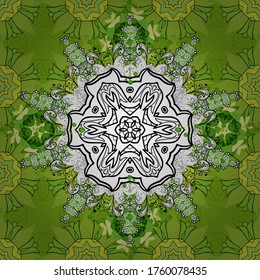 Vector Hand drawn zentangle floral black, green and white colors. Seamless pattern with abstract ornament.