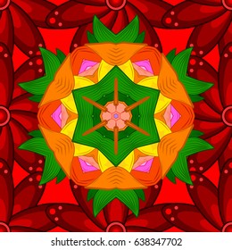 Vector Hand drawn zentangle floral red background. Seamless pattern ethnic mandalas, doodle background circles. Red pattern.