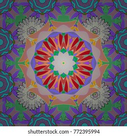 Vector Hand drawn zentangle floral green, pink and violet colors. Seamless pattern with abstract ornament.