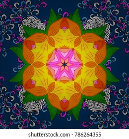 Vector Hand drawn zentangle floral blue, orange and yellow colors. Seamless pattern ethnic mandalas, doodle background circles. Blue, orange and yellow pattern.