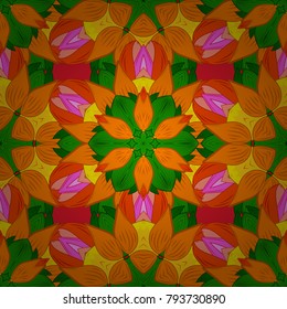 Vector Hand drawn zentangle floral orange, green and pink colors. Seamless pattern ethnic mandalas, doodle background circles. Orange, green and pink pattern.