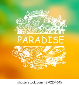 Vector hand drawn zentangle on blurred background. Retro color. Floral nature design. Concept for travel agencies, yoga studios. Eps10