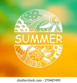 Vector hand drawn zentangle on blurred background. Retro color. Floral nature design. Concept for travel agencies, yoga studios. Eps10