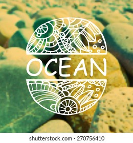 Vector hand drawn zentangle on blurred background. Retro color. Floral nature design. Concept for travel agencies, yoga studios. Eps10