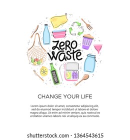 Vector hand drawn zero waste objects and lettering in round shape. Lifestyle. Save planet. It can be used for brochure, flyer, poster, banner, package, print on eco bag or T-shirt and other clothes