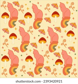 Vector hand drawn,Hippie cat,60s,70s,groovy fashion print.warm color,for fabric,textile, wallpaper, apparel ,decoration.