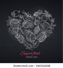 Vector hand drawnn superfood in the form heart poster. Healthy detox of camu camu, garcinia cambogia and maca. Carob, ginger, moringa, lucuma, coji berries, mangosteen, acai, guarana and noni. 