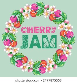 Vector hand drown illustration or rip red cherry wreath with leaves and flowers. Hand drawn sketch for card or package design
