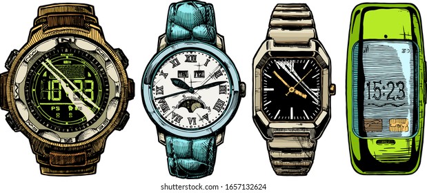 Vector hand drown illustration set of men wristwatches. Digital watch with compass, moon phase watches, rectangular wristwatch with black dial and smartwatch.