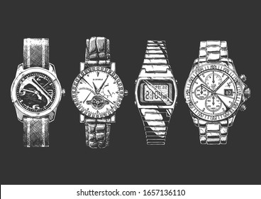 Vector hand drown illustration set of men wristwatches. Mechanical and digital wrist watches, watch with diamonds and tourbillon and chronograph.