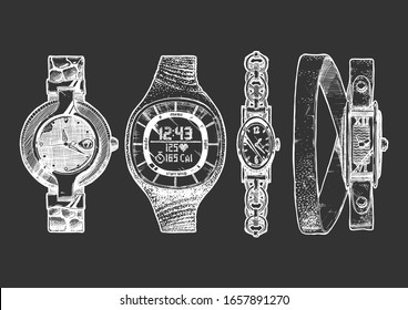 Vector hand drown illustration set of women wristwatches. ladies watch, activity tracker, women's dress watches and long strap wristwatch  