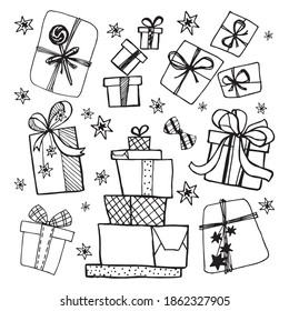 Vector hand drown illustration set of gifts.