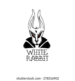Vector hand drown rabbit. Handwritten text:" White rabbit". Logo, icon, label.