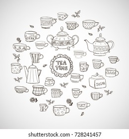 Vector hand drown set of different tea cups.
