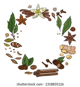 Vector hand drwan spices wreath isolated on white background