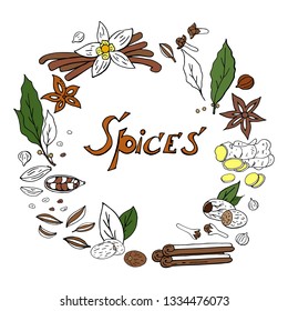 Vector hand drwan spices wreath isolated on white background