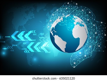 Vector hand with earth and world map on technology background.